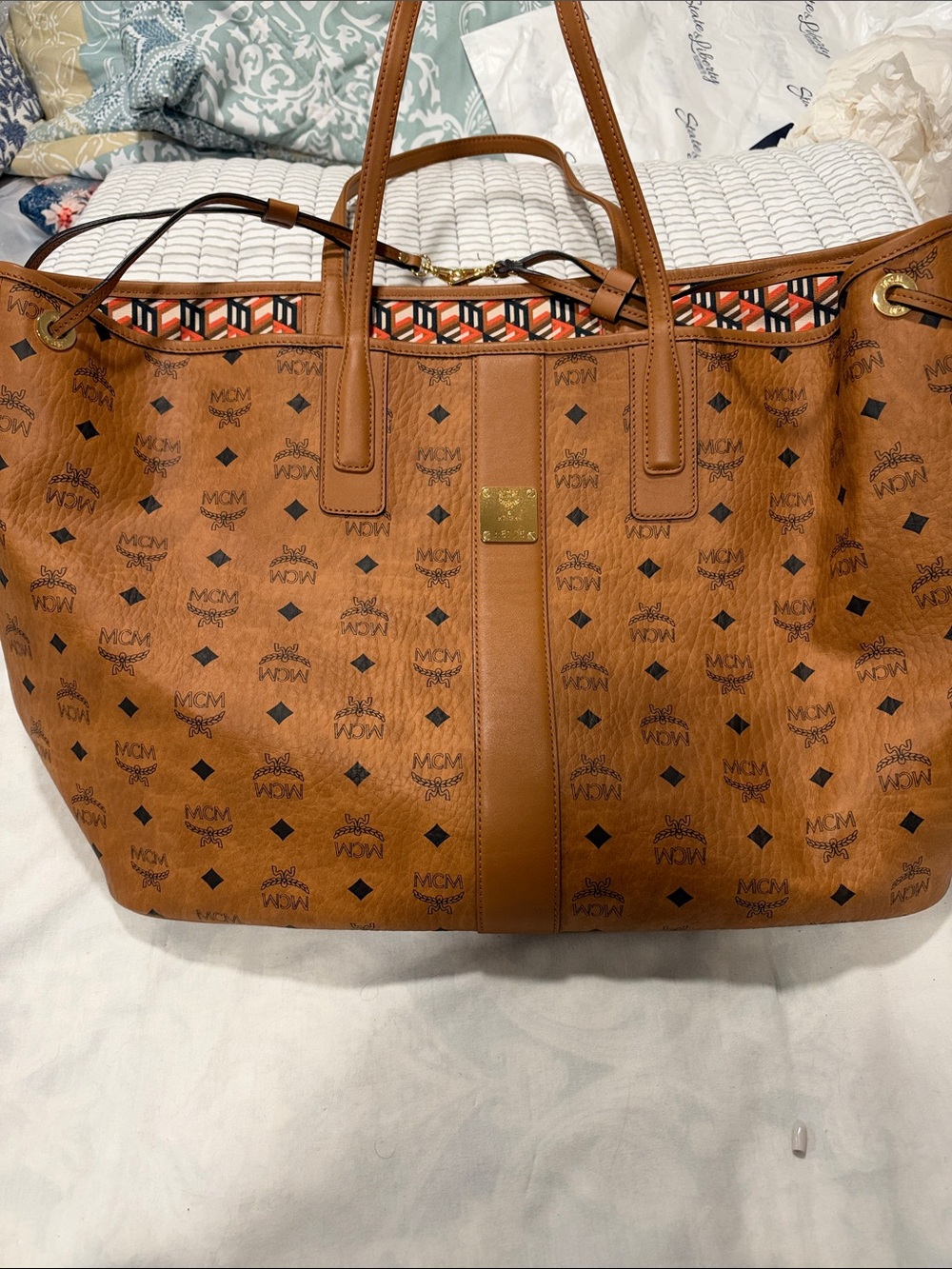 MCM Cognac Monogrammed Visetos Tote with Black Accents
